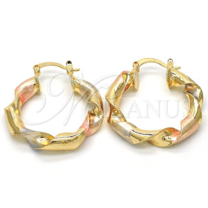 Gold Filled Hoop Earrings — Medium Hoop Twist Design Polished Tricolor 02. — main product view — SKU 117020 | Oro Laminado aretes de aro — Medium Hoop Twist diseño pulido Tricolor 02. — SKU 117020