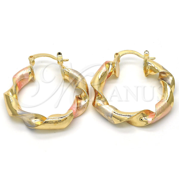 Gold Filled Hoop Earrings — Medium Hoop Twist Design Polished Tricolor 02. — main product view — SKU 117020 | Oro Laminado aretes de aro — Medium Hoop Twist diseño pulido Tricolor 02. — SKU 117020