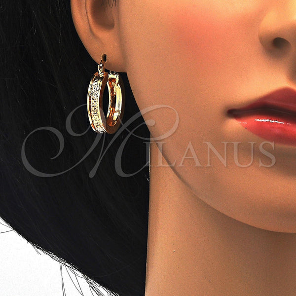 Gold Filled Hoop Earrings — Small Hoop Greek Key Design Diamond Cutting 02. — alternate product view — SKU 117022 | Oro Laminado aretes de aro — Small Hoop Greek Key diseño Diamond Cutting 02. — SKU 117022