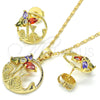 Oro Laminado Earring and Pendant Adult Set, Gold Filled Style Flower and Leaf Design, with Multicolor Cubic Zirconia, Polished, Golden Finish, 10.221.0019