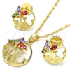 Oro Laminado Earring and Pendant Adult Set, Gold Filled Style Flower and Leaf Design, with Multicolor Cubic Zirconia, Polished, Golden Finish, 10.221.0019