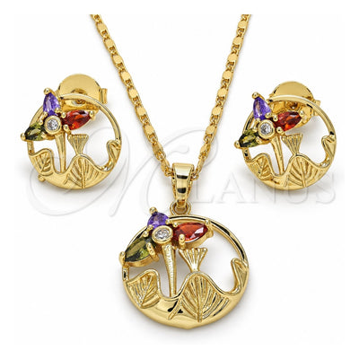 Oro Laminado Earring and Pendant Adult Set, Gold Filled Style Flower and Leaf Design, with Multicolor Cubic Zirconia, Polished, Golden Finish, 10.221.0019