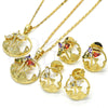 Oro Laminado Earring and Pendant Adult Set, Gold Filled Style Flower and Leaf Design, with Multicolor Cubic Zirconia, Polished, Golden Finish, 10.221.0019