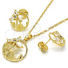 Oro Laminado Earring and Pendant Adult Set, Gold Filled Style Flower and Leaf Design, with White Cubic Zirconia, Polished, Golden Finish, 10.221.0019.1