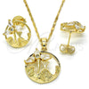 Oro Laminado Earring and Pendant Adult Set, Gold Filled Style Flower and Leaf Design, with White Cubic Zirconia, Polished, Golden Finish, 10.221.0019.1