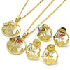 Oro Laminado Earring and Pendant Adult Set, Gold Filled Style Flower and Leaf Design, with White Cubic Zirconia, Polished, Golden Finish, 10.221.0019.1