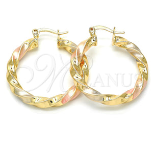 Gold Filled Hoop Earrings — Medium Hoop Twist and Hollow Design Polished Tricolor — main product view — SKU 117048 | Oro Laminado aretes de aro — Medium Hoop Twist and Hollow diseño pulido Tricolor — SKU 117048