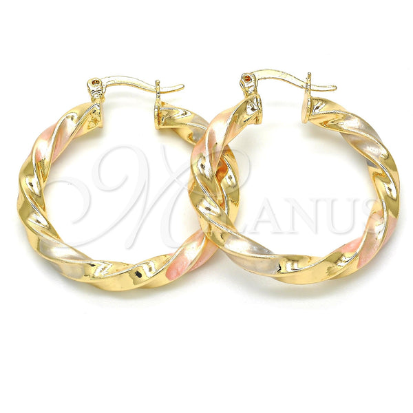 Gold Filled Hoop Earrings — Medium Hoop Twist and Hollow Design Polished Tricolor — main product view — SKU 117048 | Oro Laminado aretes de aro — Medium Hoop Twist and Hollow diseño pulido Tricolor — SKU 117048