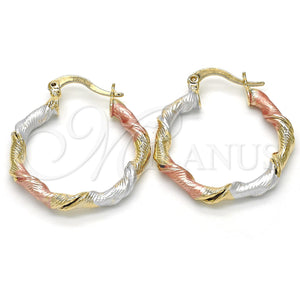 Gold Filled Hoop Earrings — Small Hoop Twist Design Diamond Cutting Tricolor 02.65. — main product view — SKU 117055 | Oro Laminado aretes de aro — Small Hoop Twist diseño Diamond Cutting Tricolor 02.65. — SKU 117055