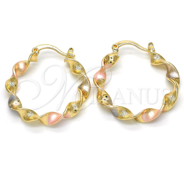 Gold Filled Hoop Earrings — Medium Hoop Twist Design Polished Tricolor 02. — main product view — SKU 117056 | Oro Laminado aretes de aro — Medium Hoop Twist diseño pulido Tricolor 02. — SKU 117056