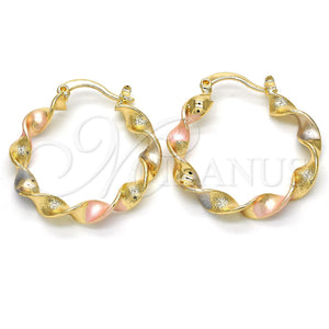Gold Filled Hoop Earrings — Medium Hoop Twist Design Polished Tricolor 02. — main product view — SKU 117056 | Oro Laminado aretes de aro — Medium Hoop Twist diseño pulido Tricolor 02. — SKU 117056