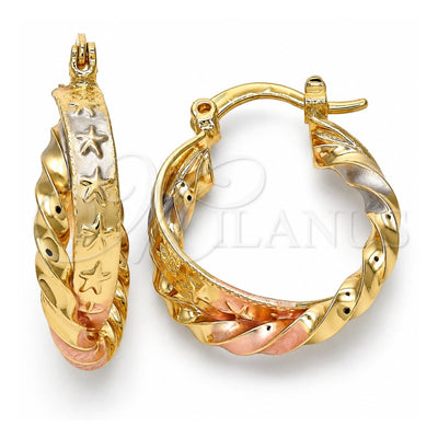 Oro Laminado Small Hoop, Gold Filled Style Twist and Star Design, Polished, Tricolor, 02.170.0024.20