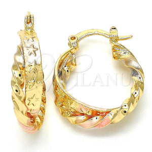 Gold Filled Hoop Earrings — Small Hoop Twist and Star Design Polished Tricolor — main product view — SKU 117058 | Oro Laminado aretes de aro — Small Hoop Twist and estrella diseño pulido Tricolor — SKU 117058