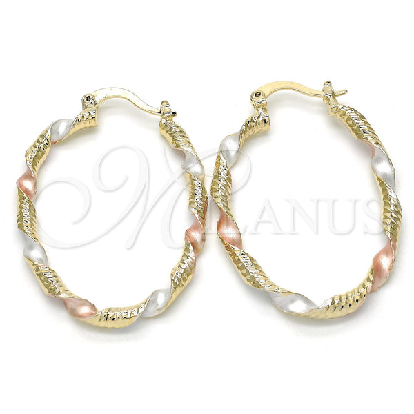 Gold Filled Hoop Earrings — Small Hoop Twist Design Diamond Cutting Tricolor 02.65. — main product view — SKU 117059 | Oro Laminado aretes de aro — Small Hoop Twist diseño Diamond Cutting Tricolor 02.65. — SKU 117059