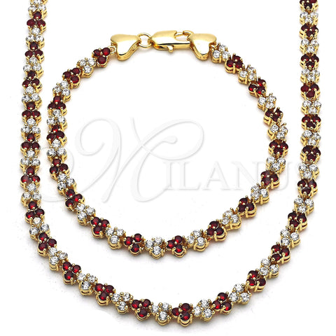 Oro Laminado Necklace and Bracelet, Gold Filled Style with Garnet and White Cubic Zirconia, Polished, Golden Finish, 06.284.0013.3