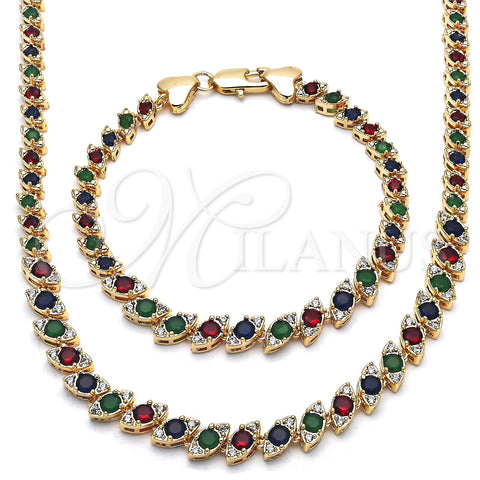 Oro Laminado Necklace and Bracelet, Gold Filled Style with Multicolor Cubic Zirconia, Polished, Golden Finish, 06.284.0014