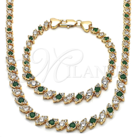 Oro Laminado Necklace and Bracelet, Gold Filled Style with Green and White Cubic Zirconia, Polished, Golden Finish, 06.284.0014.3