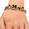 Oro Laminado Fancy Bracelet, Gold Filled Style Flower and Leaf Design, with Black Cubic Zirconia, Polished, Golden Finish, 03.266.0022.07 (06 MM Thickness, 7 Inches Length)