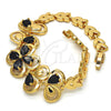Oro Laminado Fancy Bracelet, Gold Filled Style Flower and Leaf Design, with Black Cubic Zirconia, Polished, Golden Finish, 03.266.0022.07 (06 MM Thickness, 7 Inches Length)