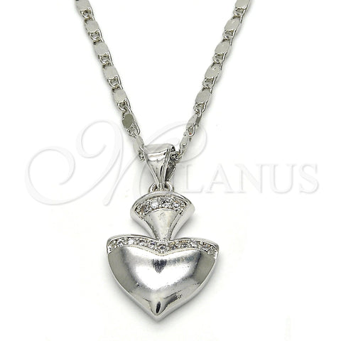 Rhodium Plated Pendant Necklace, Heart Design, with White Micro Pave, Polished, Rhodium Finish, 04.213.0075.18 (02 MM Thickness, 18 Inches Length)
