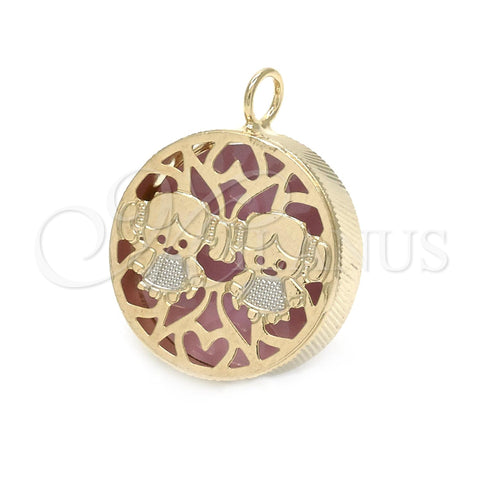 Oro Laminado Fancy Pendant, Gold Filled Style Little Girl and Filigree Design, Pink Enamel Finish, Two Tone, 05.09.0059