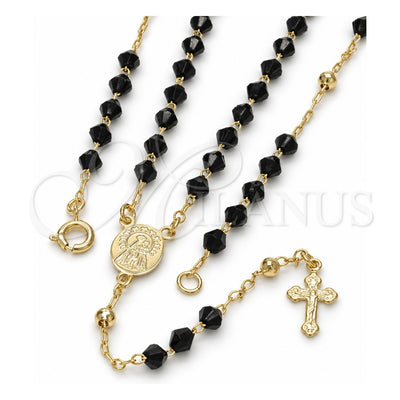 Oro Laminado Thin Rosary, Gold Filled Style Caridad del Cobre and Crucifix Design, with Black Azavache, Polished, Golden Finish, 09.09.0001.18