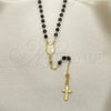 Oro Laminado Thin Rosary, Gold Filled Style Divino NiÃ±o and Crucifix Design, with Black Azavache, Polished, Golden Finish, 09.09.0002.18