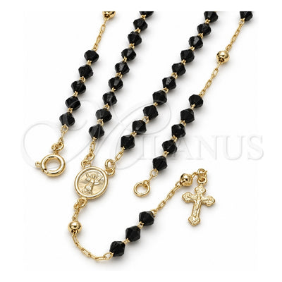 Oro Laminado Thin Rosary, Gold Filled Style Divino NiÃ±o and Crucifix Design, with Black Azavache, Polished, Golden Finish, 09.09.0002.18
