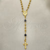 Oro Laminado Thin Rosary, Gold Filled Style Caridad del Cobre and Crucifix Design, with Black Azavache, Polished, Golden Finish, 09.09.0007.18