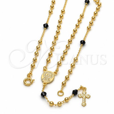 Oro Laminado Thin Rosary, Gold Filled Style Caridad del Cobre and Crucifix Design, with Black Azavache, Polished, Golden Finish, 09.09.0007.18