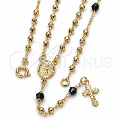 Oro Laminado Thin Rosary, Gold Filled Style Divino NiÃ±o and Crucifix Design, with Black Azavache, Polished, Golden Finish, 09.09.0008.18
