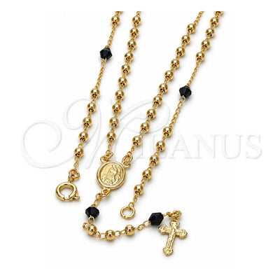 Oro Laminado Thin Rosary, Gold Filled Style Guadalupe and Crucifix Design, with Black Azavache, Polished, Golden Finish, 09.09.0009.18