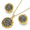 Oro Laminado Earring and Pendant Adult Set, Gold Filled Style Flower Design, with Black Crystal, Polished, Golden Finish, 10.273.0027
