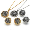 Oro Laminado Earring and Pendant Adult Set, Gold Filled Style Flower Design, with Black Crystal, Polished, Golden Finish, 10.273.0027