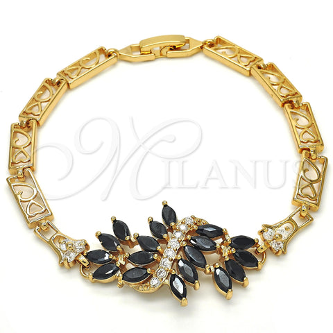 Oro Laminado Fancy Bracelet, Gold Filled Style Heart Design, with Black and White Cubic Zirconia, Polished, Golden Finish, 03.210.0059.08 (06 MM Thickness, 8 Inches Length)