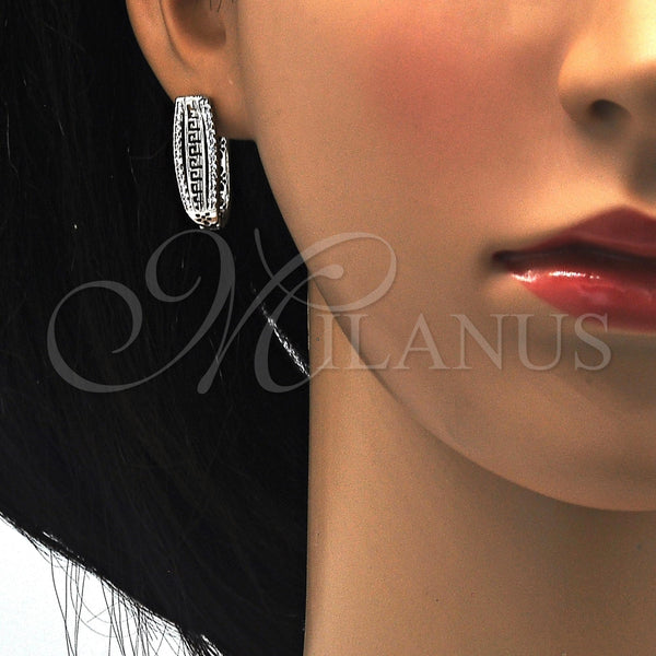 White Gold Filled Hoop Earrings — Huggie Hoop Greek Key Design with White Cubic — alternate product view — SKU 117522 | Oro Laminado Blanco aretes de aro — Huggie Hoop Greek Key diseño with blanco Cubic — SKU 117522
