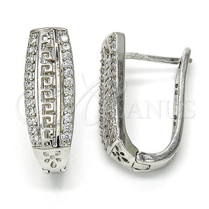 White Gold Filled Hoop Earrings — Huggie Hoop Greek Key Design with White Cubic — main product view — SKU 117522 | Oro Laminado Blanco aretes de aro — Huggie Hoop Greek Key diseño with blanco Cubic — SKU 117522