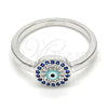 Rhodium Plated Multi Stone Ring, Evil Eye Design, with Sapphire Blue and White Micro Pave, Turquoise Enamel Finish, Rhodium Finish, 01.60.0004.1.07 (Size 7)