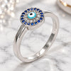 White Gold Filled Multi Stone Ring, Evil Eye Design, with Sapphire Blue and White Micro Pave, Turquoise Enamel Finish, Rhodium Finish, 01.60.0004.1.07 (Size 7)