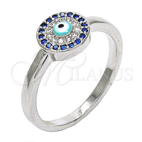 Rhodium Plated Multi Stone Ring, Evil Eye Design, with Sapphire Blue and White Micro Pave, Turquoise Enamel Finish, Rhodium Finish, 01.60.0004.1.08 (Size 8)