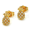 Oro Laminado Stud Earring, Gold Filled Style Pineapple Design, with White Micro Pave, Polished, Golden Finish, 02.310.0001