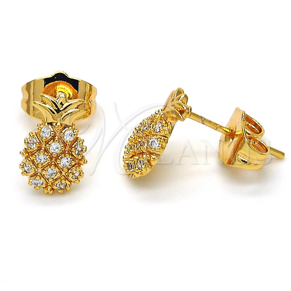 Oro Laminado Stud Earring, Gold Filled Style Pineapple Design, with White Micro Pave, Polished, Golden Finish, 02.310.0001