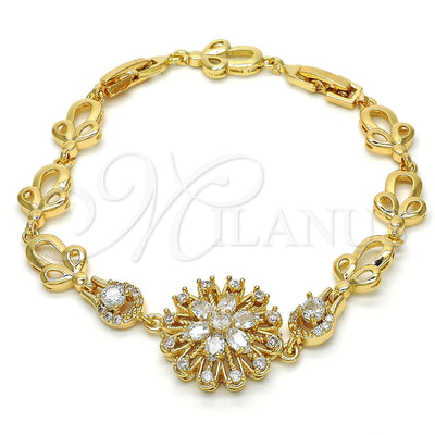 Oro Laminado Fancy Bracelet, Gold Filled Style Flower Design, with White Cubic Zirconia, Polished, Golden for wholesale, main product view