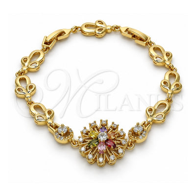 Oro Laminado Fancy Bracelet, Gold Filled Style Flower Design, with Multicolor Cubic Zirconia, Polished, Golden Finish, 03.205.0029.1.07 (09 MM Thickness, 7 Inches Length)