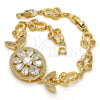 Oro Laminado Fancy Bracelet, Gold Filled Style Flower Design, with White Cubic Zirconia, Polished, Golden Finish, 03.205.0030.07 (09 MM Thickness, 7 Inches Length)