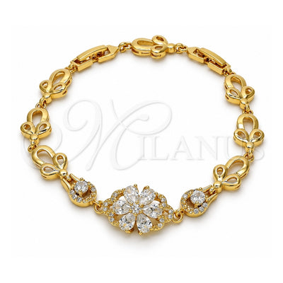 Oro Laminado Fancy Bracelet, Gold Filled Style Flower Design, with White Cubic Zirconia, Polished, Golden Finish, 03.205.0035.07 (09 MM Thickness, 7 Inches Length)