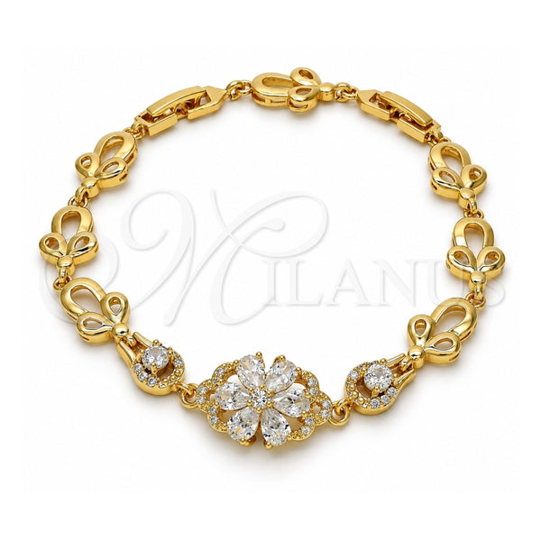Oro Laminado Fancy Bracelet, Gold Filled Style Flower Design, with White Cubic Zirconia, Polished, Golden Finish, 03.205.0035.07 (09 MM Thickness, 7 Inches Length)