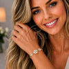 Oro Laminado Fancy Bracelet, Gold Filled Style Flower Design, with White Cubic Zirconia, Polished, Golden for wholesale, additional product view 2