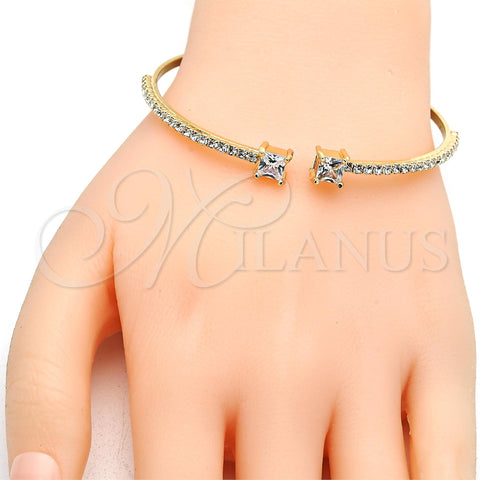 Oro Laminado Individual Bangle, Gold Filled Style with White Cubic Zirconia and White Crystal, Polished, Golden Finish, 07.193.0017 (02 MM Thickness, One size fits all)