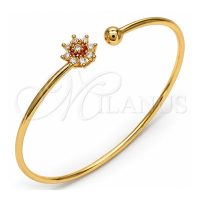 Oro Laminado Individual Bangle, Gold Filled Style Flower Design, with Garnet and White Cubic Zirconia, Polished, Golden Finish, 07.193.0021.1 (02 MM Thickness, One size fits all)